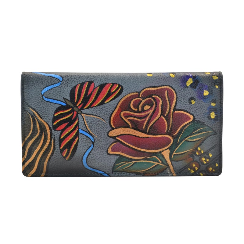 Anna by Anuschka Womens Handpainted Leather Ladies Wallet Snap Button Closure, Rose Safari Grey,One Size - Image 1